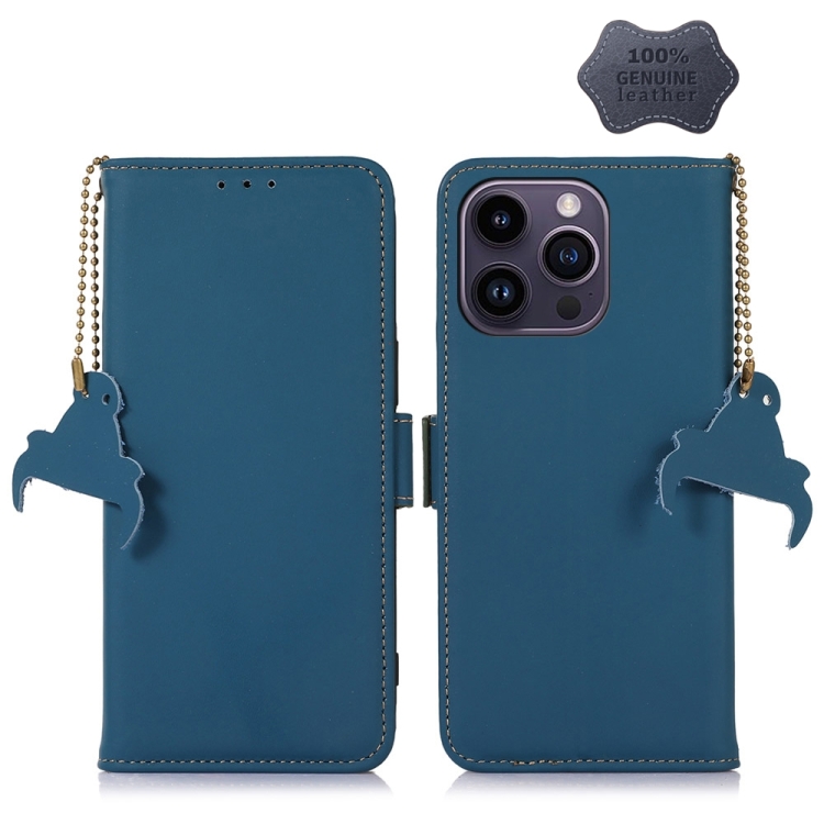 

For iPhone 15 Pro Genuine Leather Magnetic RFID Leather Phone Case(Blue)