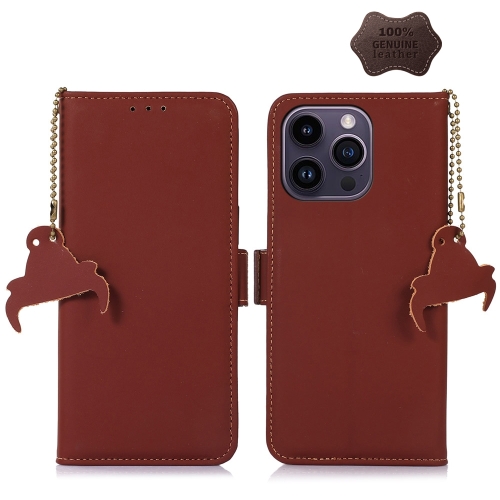 For iPhone 15 Pro Genuine Leather Magnetic RFID Leather Phone Case(Coffee) hanging travel neck passport bag pouch wallet with rfid blocking credit card id holder storage bag multifunction money bag