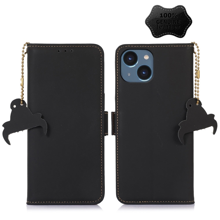 

For iPhone 15 Plus Genuine Leather Magnetic RFID Leather Phone Case(Black)
