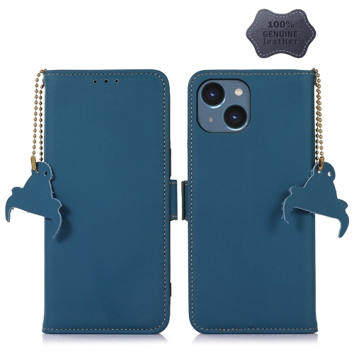 

For iPhone 15 Plus Genuine Leather Magnetic RFID Leather Phone Case(Blue)