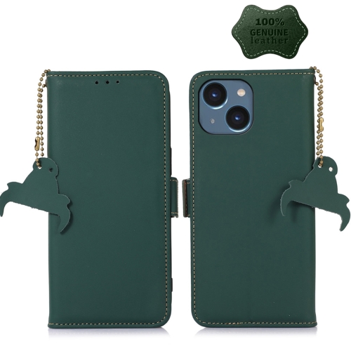 For iPhone 15 Plus Genuine Leather Magnetic RFID Leather Phone Case(Green)