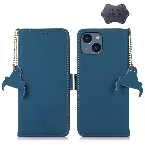 

For iPhone 15 Genuine Leather Magnetic RFID Leather Phone Case(Blue)