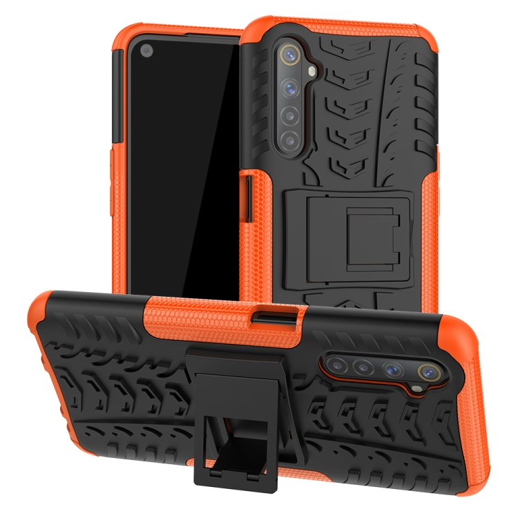

For OPPO Realme 6 Tire Texture Shockproof TPU+PC Protective Case，with Holder(Orange)