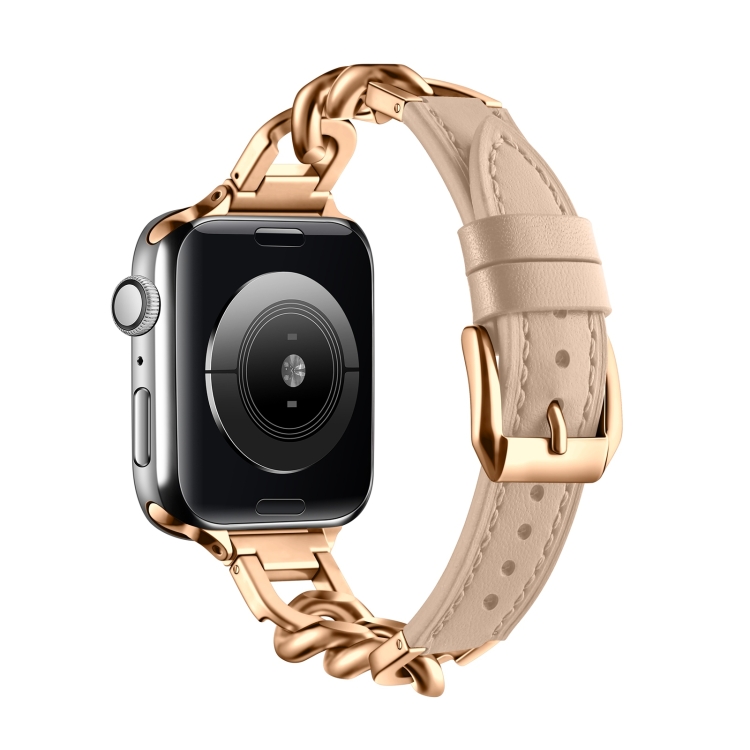 

For Apple Watch 9 45mm Chain Genuine Leather Watch Band, Size: L(Rose Gold Apricot)