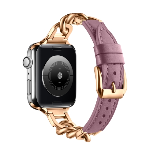 

For Apple Watch SE 2023 40mm Chain Genuine Leather Watch Band, Size: L(Rose Gold Pale Mauve)