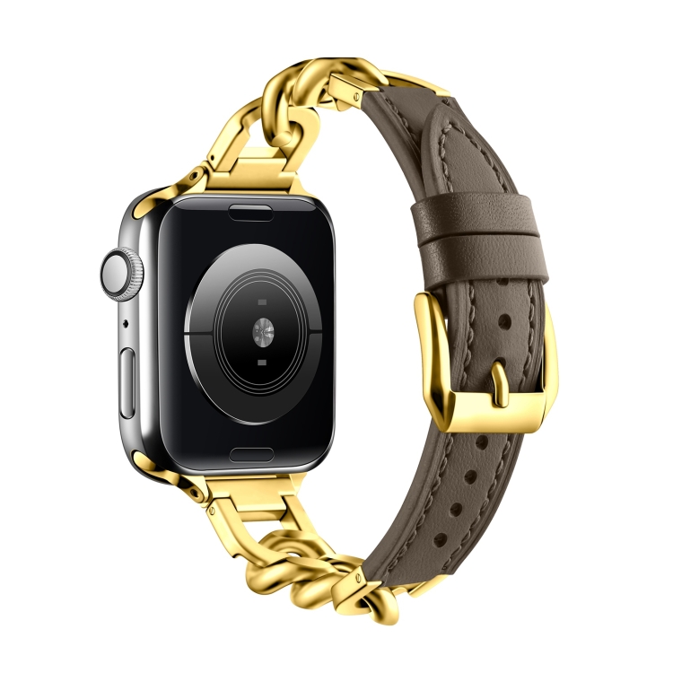

For Apple Watch SE 2023 44mm Chain Genuine Leather Watch Band, Size: L(Gold Dark Brown)