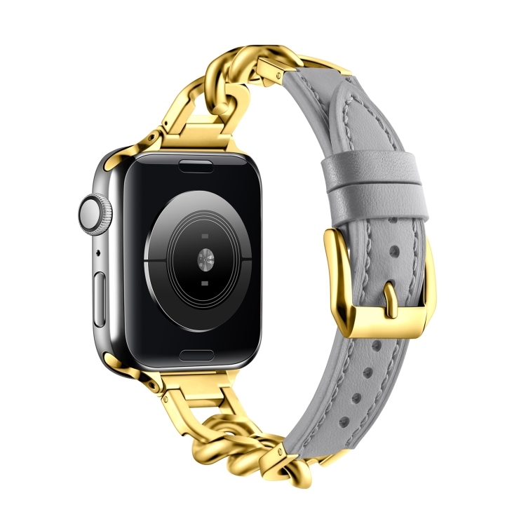 

For Apple Watch SE 2023 44mm Chain Genuine Leather Watch Band, Size: L(Gold Grey)