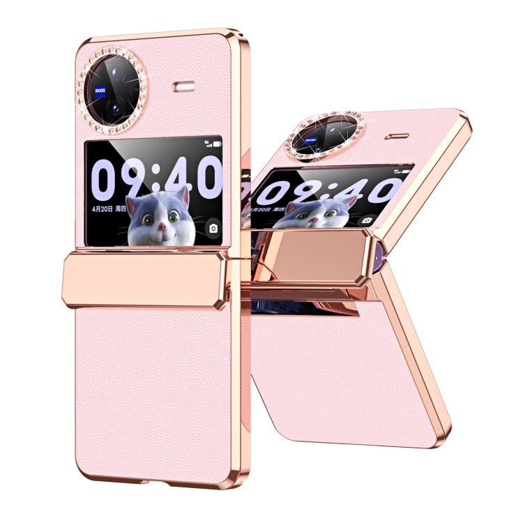 

For vivo X Flip Plated Plain Leather Folding Phone Case with Hinge(Pink)