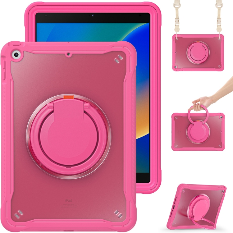 

For iPad 10.2 2021 / 2020 / 2019 Heavy Duty Hybrid Tablet Case with Handle & Strap(Rose Red)