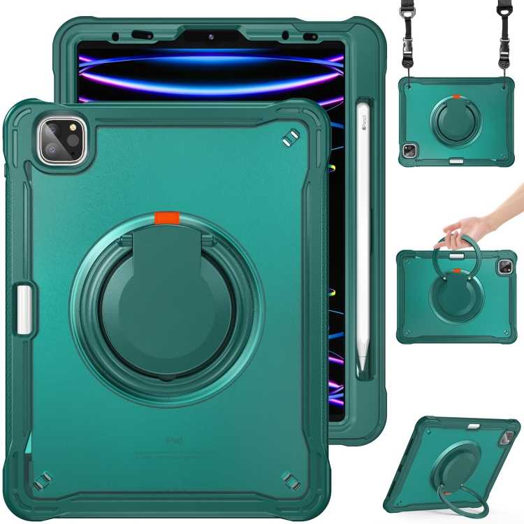 

For iPad Air 2022 10.9 / Pro 11 2022 Heavy Duty Hybrid Tablet Case with Handle & Strap(Dark Green)