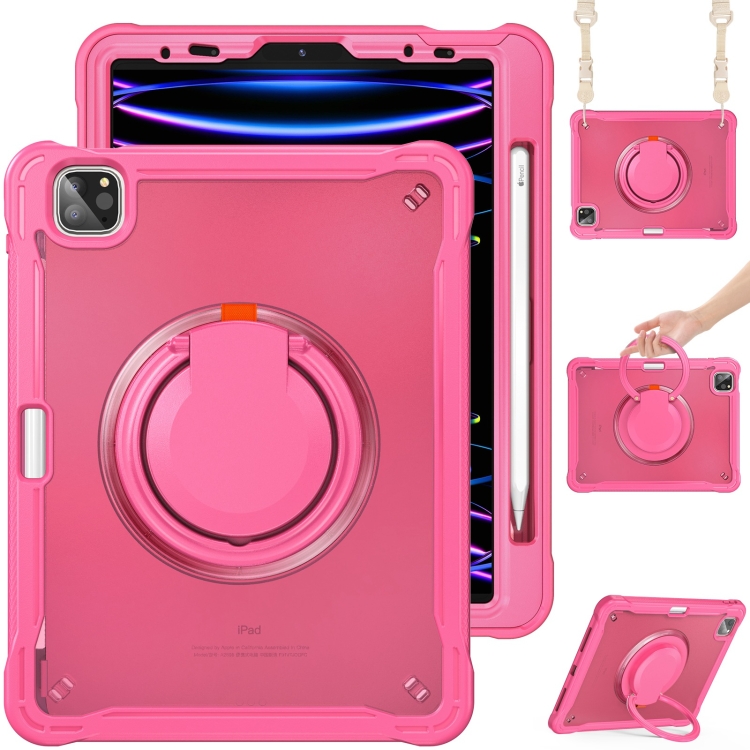 

For iPad Air 2022 10.9 / Pro 11 2022 Heavy Duty Hybrid Tablet Case with Handle & Strap(Rose Red)