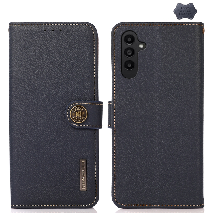 

For Samsung Galaxy A25 5G Global KHAZNEH Custer Genuine Leather RFID Phone Case(Blue)
