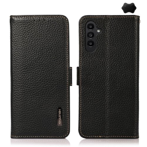 

For Samsung Galaxy S23 FE KHAZNEH Side-Magnetic Litchi Genuine Leather RFID Phone Case(Black)