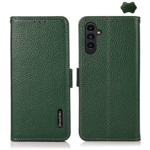 

For Samsung Galaxy S23 FE KHAZNEH Side-Magnetic Litchi Genuine Leather RFID Phone Case(Green)