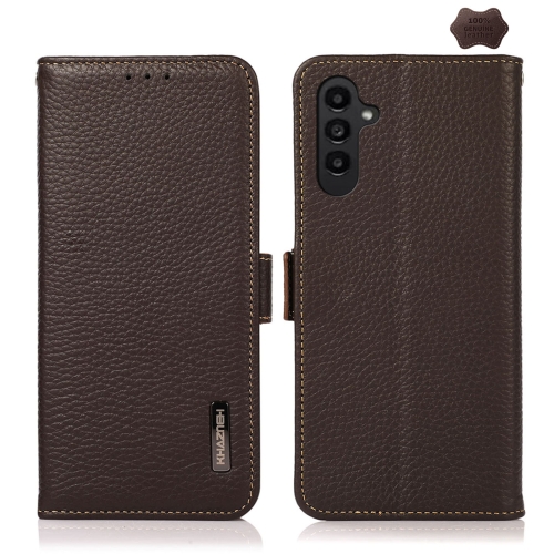 

For Samsung Galaxy S23 FE KHAZNEH Side-Magnetic Litchi Genuine Leather RFID Phone Case(Brown)