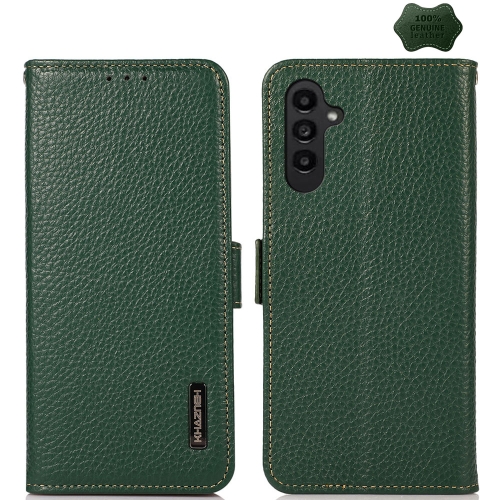 

For Samsung Galaxy M34 5G KHAZNEH Side-Magnetic Litchi Genuine Leather RFID Phone Case(Green)