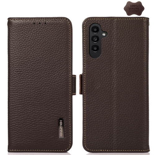 

For Samsung Galaxy M34 5G KHAZNEH Side-Magnetic Litchi Genuine Leather RFID Phone Case(Brown)