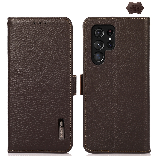 

For Samsung Galaxy S24 Ultra KHAZNEH Side-Magnetic Litchi Genuine Leather RFID Phone Case(Brown)