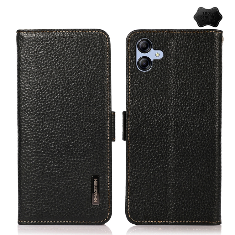 

For Samsung Galaxy A05 KHAZNEH Side-Magnetic Litchi Genuine Leather RFID Phone Case(Black)
