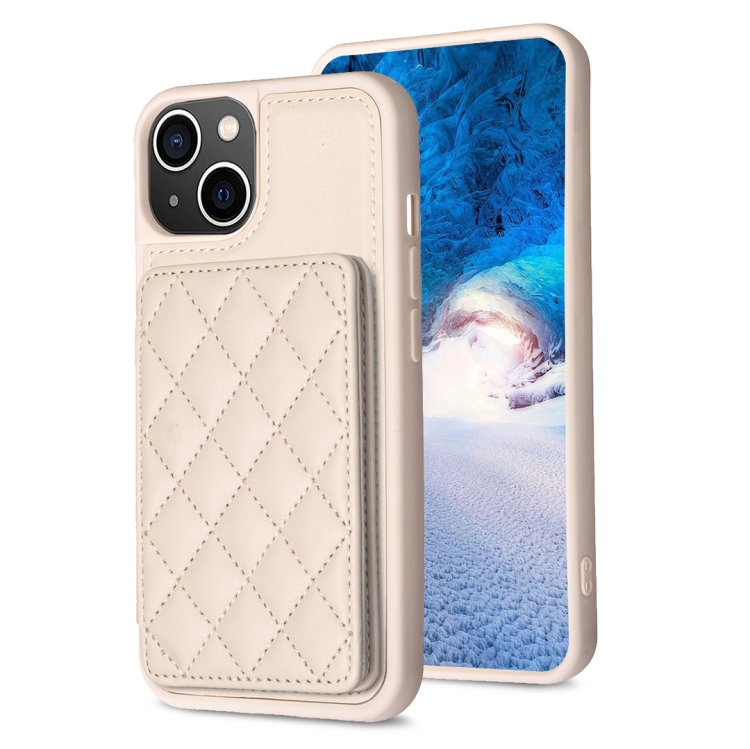 

For iPhone 14 Plus BF25 Square Plaid Card Bag Holder Phone Case(Beige)