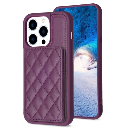 For iPhone 14 Pro BF25 Square Plaid Card Bag Holder Phone Case(Dark Purple) puluz 27 in 1 memory card case for 4cf 8sd 9tf 1card pin 1standard sim 2micro sim 2nano sim