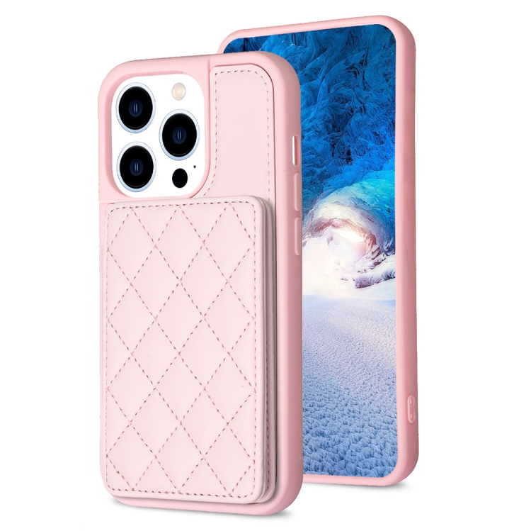 

For iPhone 14 Pro BF25 Square Plaid Card Bag Holder Phone Case(Pink)