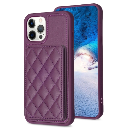 

For iPhone 12 Pro Max BF25 Square Plaid Card Bag Holder Phone Case(Dark Purple)