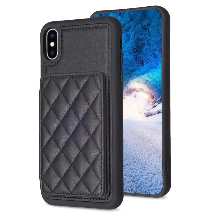 

For iPhone X / XS BF25 Square Plaid Card Bag Holder Phone Case(Black)