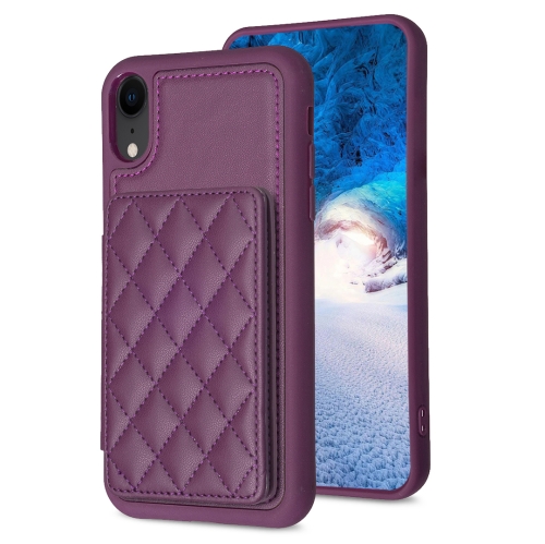 For iPhone XR BF25 Square Plaid Card Bag Holder Phone Case(Dark Purple) for iphone 11 pro bf25 square plaid card bag holder phone case pink