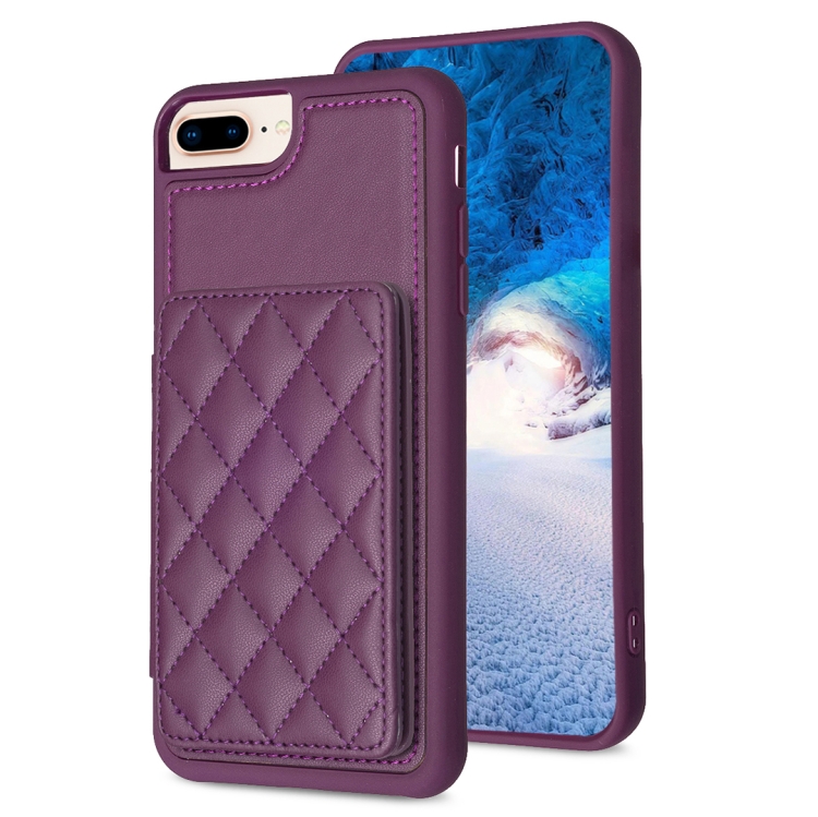 

For iPhone 8 Plus / 7 Plus BF25 Square Plaid Card Bag Holder Phone Case(Dark Purple)