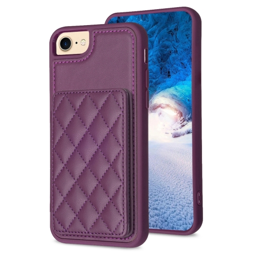 

For iPhone SE 2022 / 2020 / 8 / 7 BF25 Square Plaid Card Bag Holder Phone Case(Dark Purple)