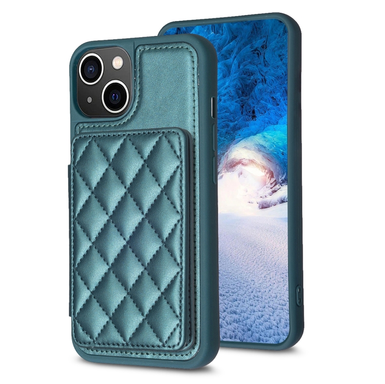 

For iPhone 15 Plus BF25 Square Plaid Card Bag Holder Phone Case(Green)