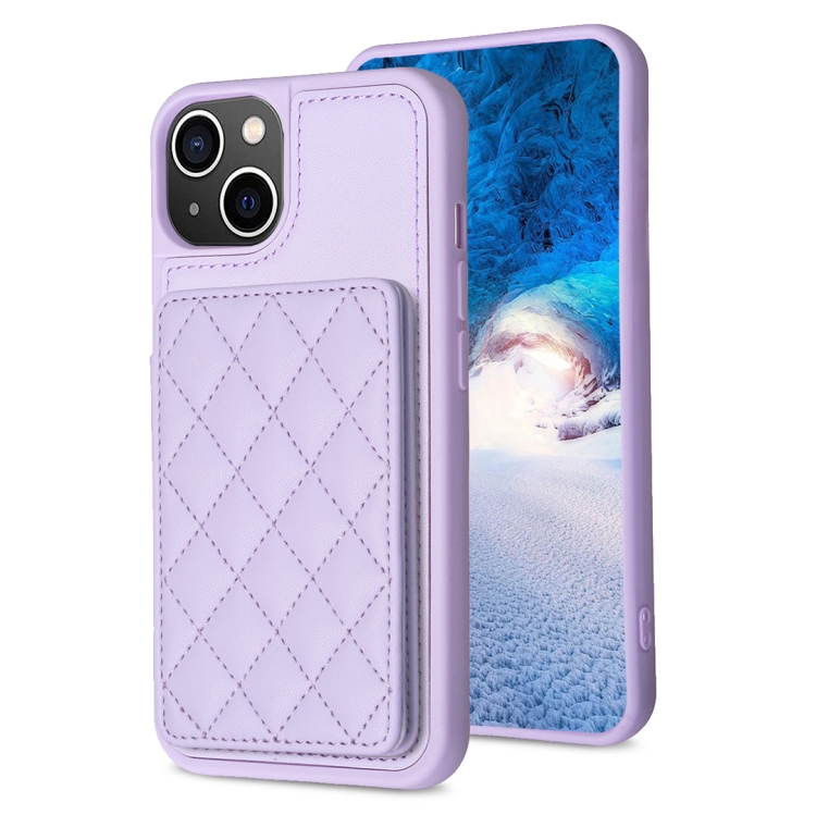 

For iPhone 15 Plus BF25 Square Plaid Card Bag Holder Phone Case(Purple)