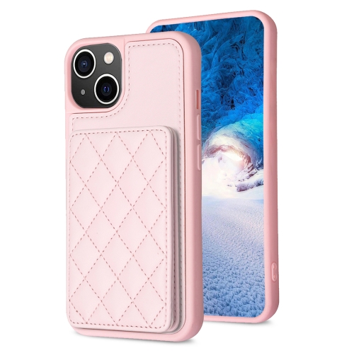 For iPhone 15 BF25 Square Plaid Card Bag Holder Phone Case(Pink) for iphone 8 plus 7 plus multifunction electroplating magsafe holder phone case pink
