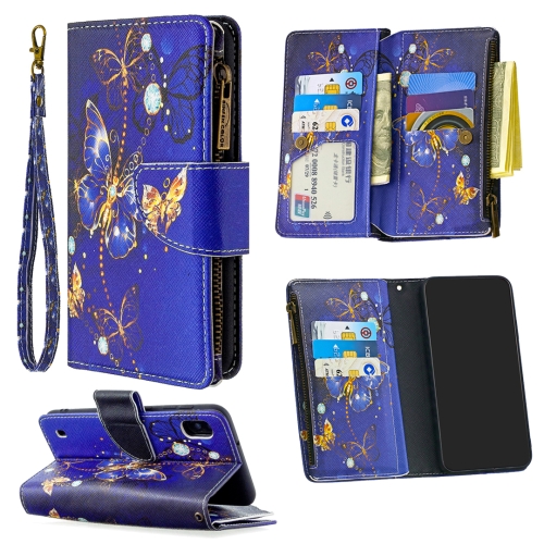For Samsung Galaxy A10 Colored Drawing Pattern Zipper Horizontal Flip Leather Case with Holder & Card Slots & Wallet(Purple Butterfly)
