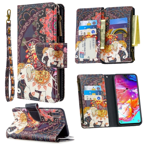 For Samsung Galaxy A70 Colored Drawing Pattern Zipper Horizontal Flip Leather Case with Holder & Card Slots & Wallet(Flower Elephants)