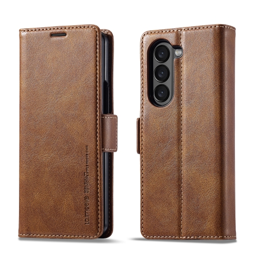 For Samsung Galaxy Z Fold5 LC.IMEEKE RFID Anti-theft Leather Phone Case(Brown) for oppo reno11 pro global khazneh litchi texture leather rfid phone case blue