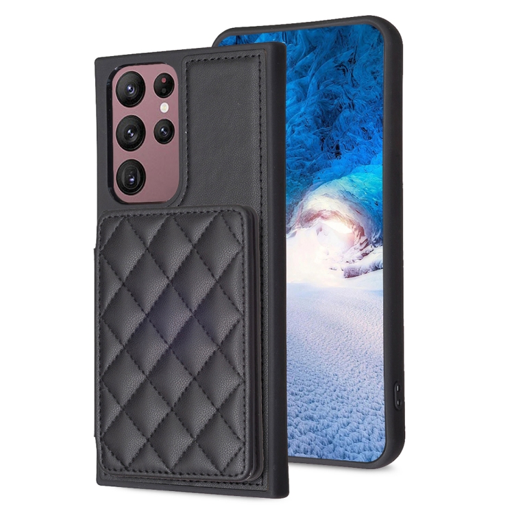 

For Samsung Galaxy S22 Ultra 5G BF25 Square Plaid Card Bag Holder Phone Case(Black)