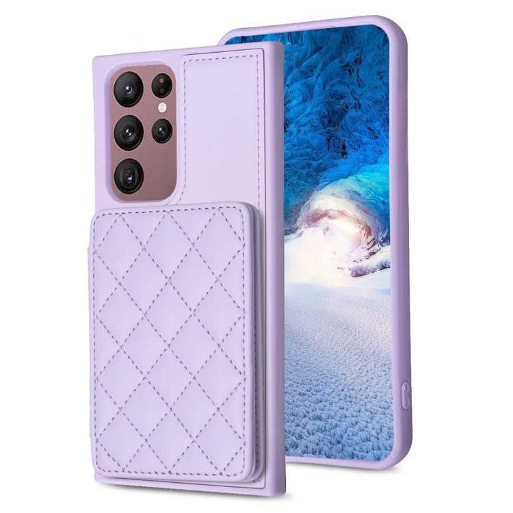 

For Samsung Galaxy S22 Ultra 5G BF25 Square Plaid Card Bag Holder Phone Case(Purple)