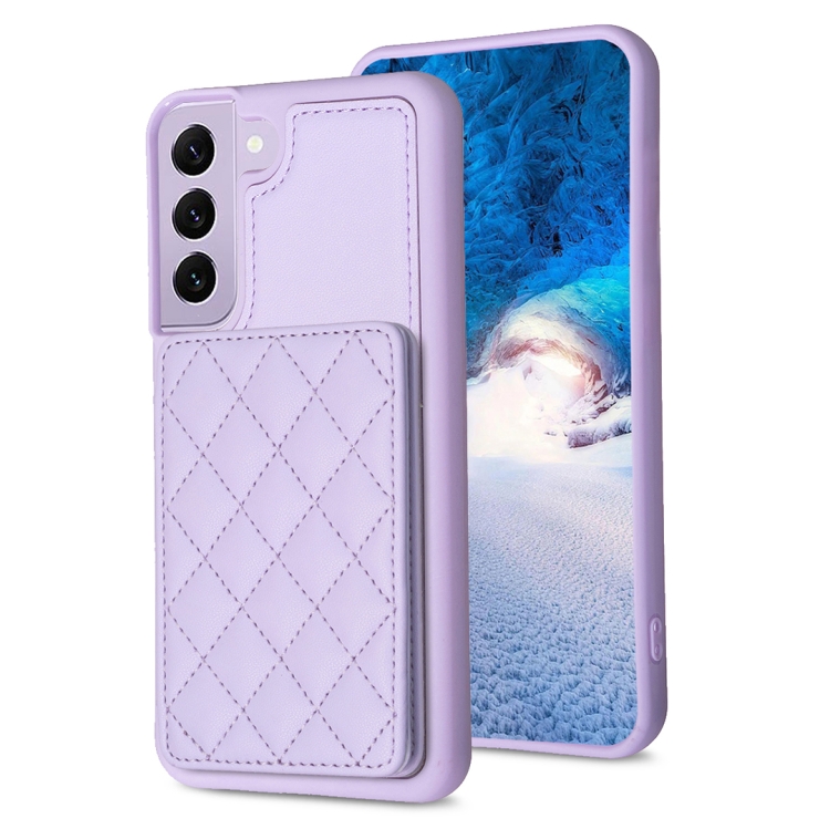 

For Samsung Galaxy S22 5G BF25 Square Plaid Card Bag Holder Phone Case(Purple)