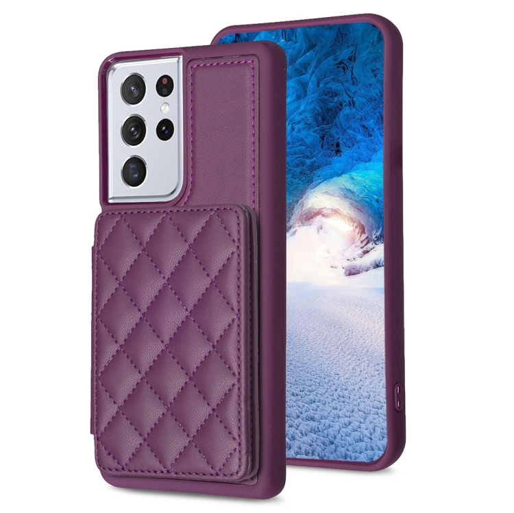 

For Samsung Galaxy S21 Ultra 5G BF25 Square Plaid Card Bag Holder Phone Case(Dark Purple)