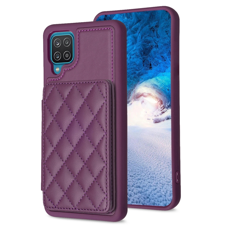 

For Samsug Galaxy A12 BF25 Square Plaid Card Bag Holder Phone Case(Dark Purple)