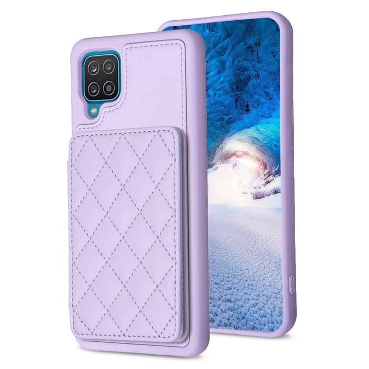 

For Samsug Galaxy A12 BF25 Square Plaid Card Bag Holder Phone Case(Purple)