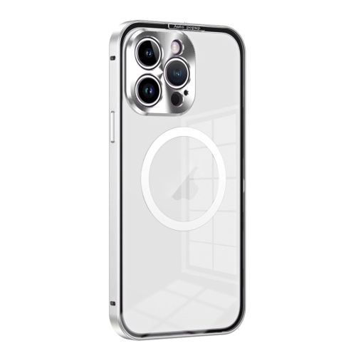 

For iPhone 14 Pro Max MagSafe HD Spring Buckle Metal Phone Case(Silver)