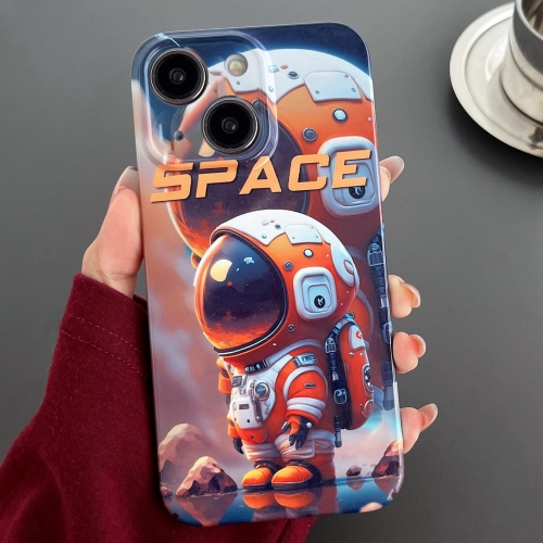 

For iPhone 14 Plus Painted Pattern Precise Hole PC Phone Case(Orange Astronaut)