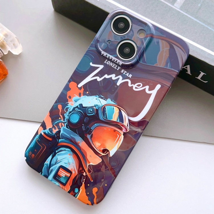 

For iPhone 14 Plus Painted Pattern Precise Hole PC Phone Case(Orange Paint Astronaut)