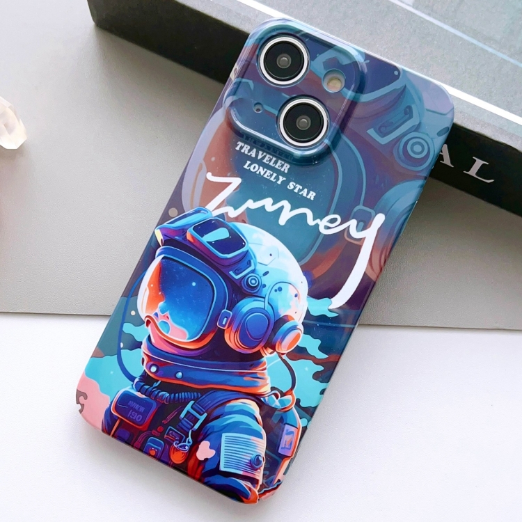 

For iPhone 14 Painted Pattern Precise Hole PC Phone Case(Blue Paint Astronaut)
