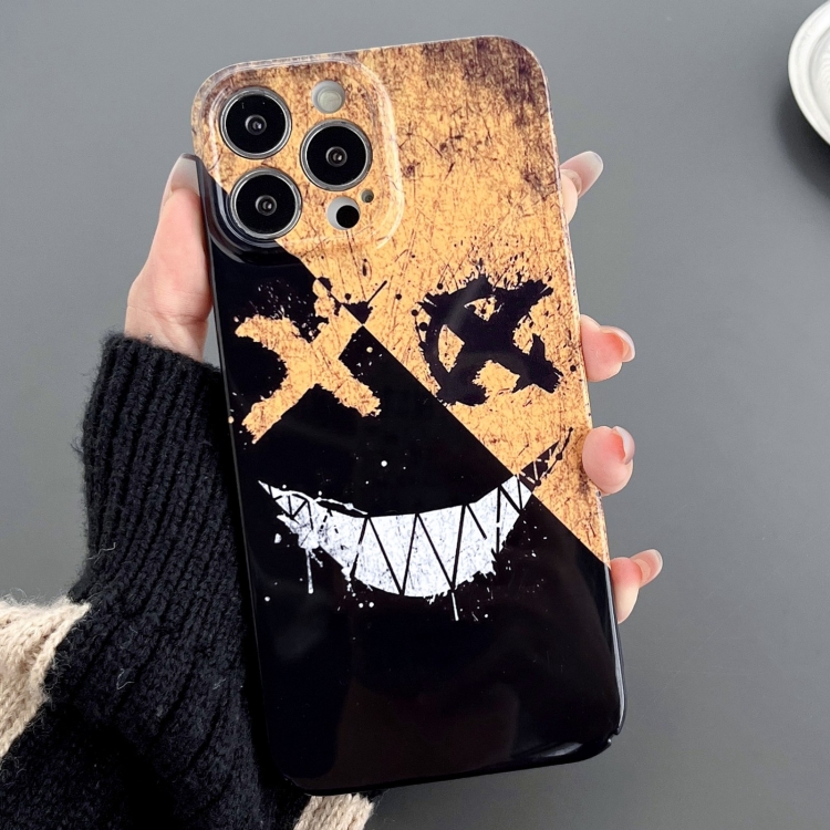 

For iPhone 13 Pro Painted Pattern Precise Hole PC Phone Case(Black Yellow Smiling)
