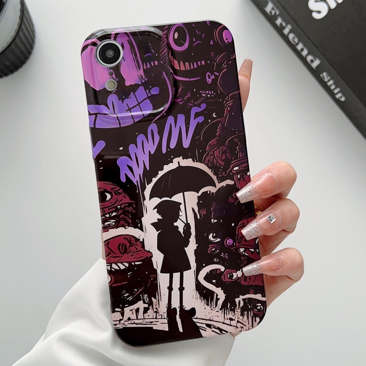 

For iPhone XR Painted Pattern Precise Hole PC Phone Case(Black Purple Umbrella Boy)