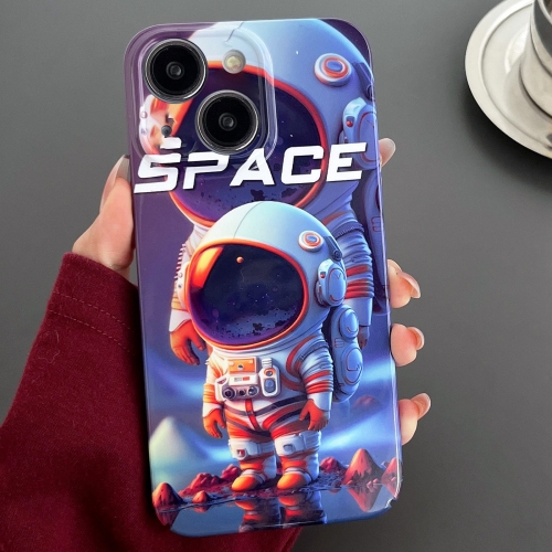 

For iPhone 15 Painted Pattern Precise Hole PC Phone Case(Orange White Astronaut)